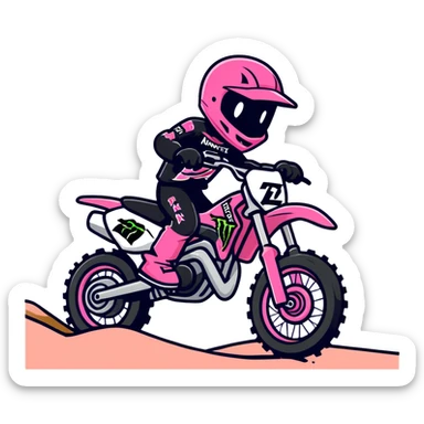 Pink dirt bike with black monster energy logo sticker