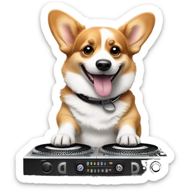 Corgi dog being a Dj in front of turn tables sticker