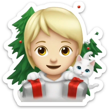 Blond kid with two white Sibirien cats next to a Christmas tree sticker