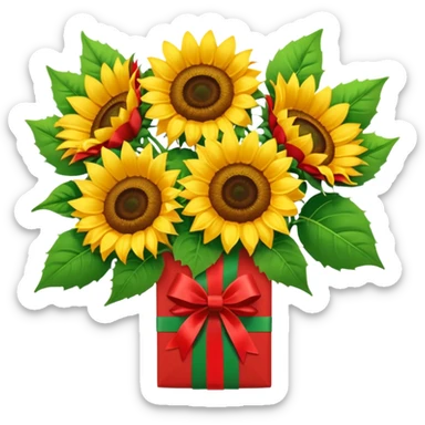 bouquet of sunflower with red bow and red wrapping paper sticker