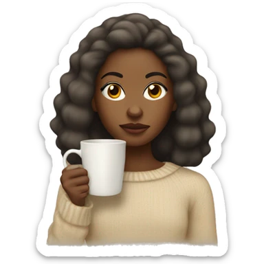 Black girl with a blowout giving a side eye wearing a beige jumper and holding a Christmas mug sticker