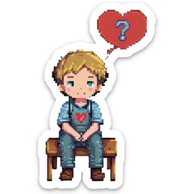 boy sitting, looking thoughtful, with a thought bubble containing a heart and question mark sticker