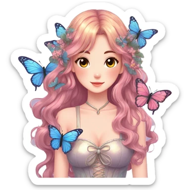 gorgeous shiny anime lady with butterflies and beautiful hair fairycore cottagecore high quality detailed sticker