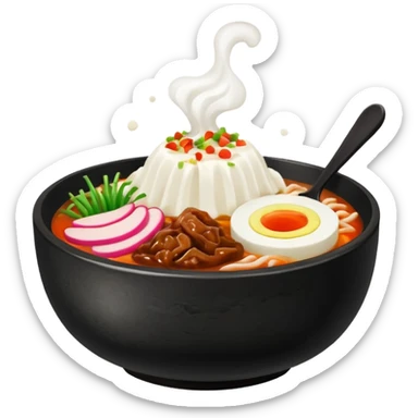 cute icon of sundae gukbap with visible steam rising from black earthenware bowl filled with soup sticker