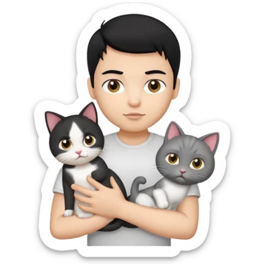generate a pretty bratz emoji of a boy with black hair wearing a white tshirt and holding a cat in his right hand sticker