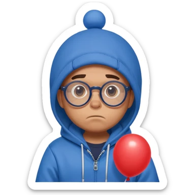 Gus from Brawl Stars, surprised expression, clutching balloon, round glasses, blue hoodie sticker