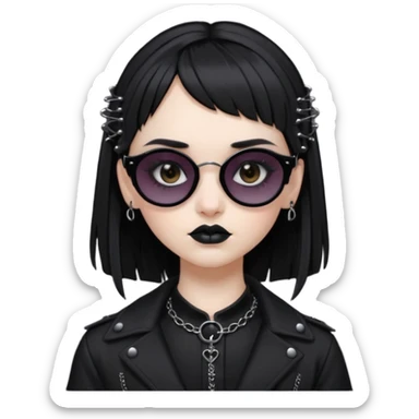 Faça uma moça de cabelo preto micro franja e penteado gótico pálida e com maquiagem gótica pesada olhos castanhos escuro e óculos de sol  sticker