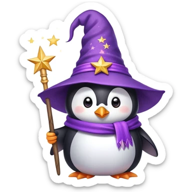 A cute penguin wearing a purple wizard hat and holding a magic wand with a star on the tip sticker