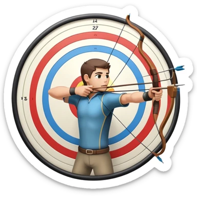 An archer pulling back a bowstring, aiming at a target in the distance. The target features concentric rings, and the scene conveys focus and precision. The background captures the essence of an outdoor archery range, highlighting skill and concentration in the sport. sticker