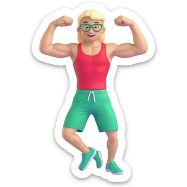 Scrawny thin man with black and white cap, skinny bare torso, red shorts, clear glasses, messy light blond mullet hairstyle, smiling and flexing small muscles sticker