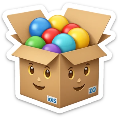cardboard box with toys, sticker