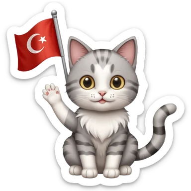 Rengi gri beyaz olan türk bayrağı sallayan kedi sticker