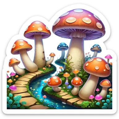  "A whimsical mushroom world filled with giant glowing mushrooms, soft bioluminescent spores floating through the air, and friendly oversized snails with colorful spiral shells exploring the landscape. Fantasy atmosphere, vibrant colors, dreamy lighting, highly detailed sticker