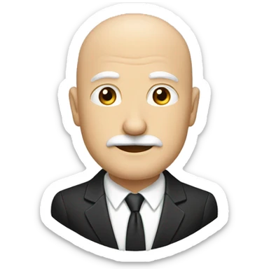 Mature, bald, white man, small beard and mustache, suit, black hair, medium nose sticker