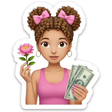 Uma menina com o cabelo cacheado com um Coque com baby hair, morena, e com uma regata rosa com unha em gel,e com dinheiro na mão ,e com flores na outra mão  sticker