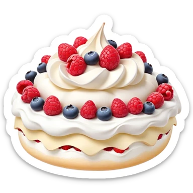Cinematic Realistic Pavlova Dessert Emoji, showcasing a delicate meringue dessert topped with fresh fruit rendered with lifelike texture and soft natural lighting. sticker