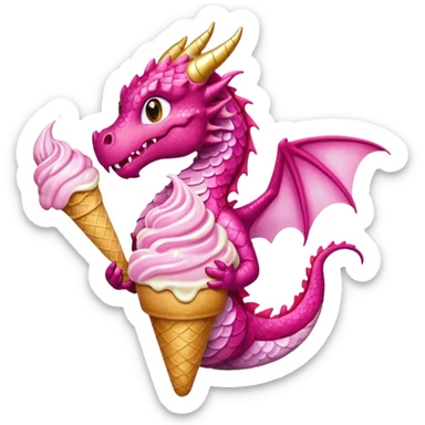 A dragon in pink tones with its wings, pink and golden legs, and shiny glitter, eats a vanilla and chocolate ice cream. sticker