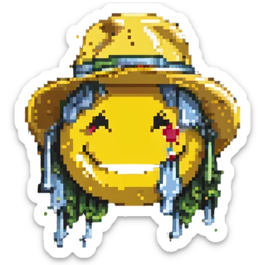laughing yellow smiley face with tears in a hat sticker