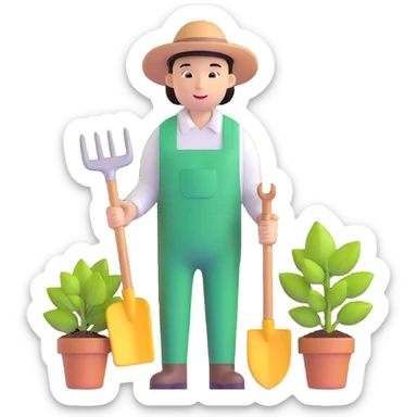 Asian gardener named Yong with gardening tools sticker