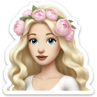 White bride with long light blonde hair and blue eyes with light pink peonies in hair white skin light pink lips sticker