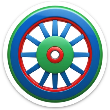 Glossy 3D emoji, blue top, green bottom, large red spoked wheel in center. Geometric symbol, no face. sticker