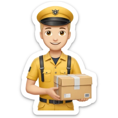 german delivery guy with yellow uniform and package sticker