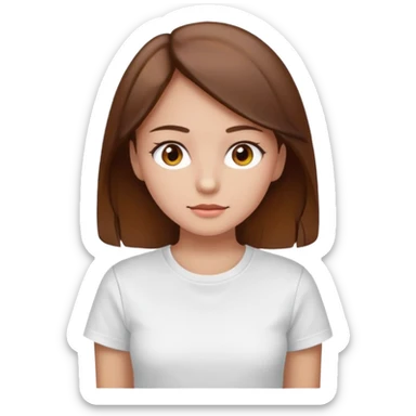 A Girl with Brown hair and Brown eyes with a t-shirt White. The t-shirt have un  sticker