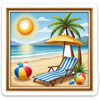 Icon for Beach Tourism: a serene beach scene with palm trees, a sun hat, a beach ball, and the ocean in the background. The icon should capture the relaxing atmosphere of a beach vacation. Transparent background. sticker