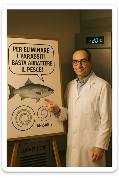 cinematic a scientist in a white lab coat stands beside a large poster showing a fish and a diagram of the Anisakis parasite. The scientist points to a speech bubble that says, “Per eliminare i parassiti basta abbattere il pesce!” In the background, a blast freezer is visible, with a temperature gauge set to -20°C. The mood is informative and reassuring. In italiano sticker