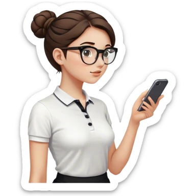 pretty girl white glasses side view white polo black shorts brown hair in a bun sticker