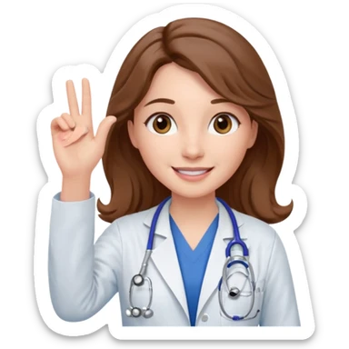 Barbie like emoji of a white woman with brown eyes and long wavy brown hair wearing blue scrubs, white lab coat, pink stethoscope, and raising one hand and a warm smile sticker