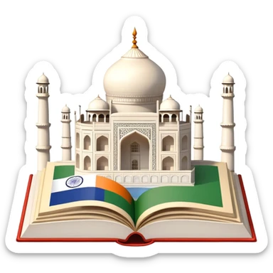 An icon featuring the Taj Mahal and the flag of India, symbolizing the Hindi language. The design includes an open book with hindi text, representing language learning and cultural richness. Transparent background highlights the heritage of India. sticker