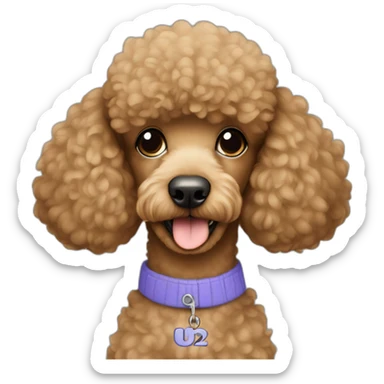 Light brown poodle wearing a t-shrit with the text U2 sticker