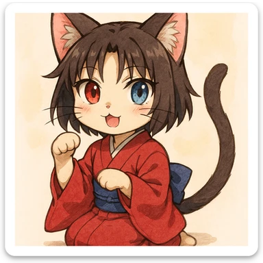 Ryougi Shiki as a cat, inspired by anime character design, with short dark hair, heterochromia, and a kimono, in a cute and expressive pose sticker