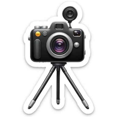 Emoji of a photo camera on a tripod, iPhone emoji style. Flat design, smooth gradients, rounded edges, soft shadows, clean look, white background sticker