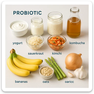 realistic and informative illustration showing a selection of probiotic and prebiotic foods on a light background, examples: yogurt, kefir, sauerkraut, kimchi, kombucha labeled as probiotic; bananas, oats, asparagus, onion, garlic labeled as prebiotic, clean and modern style sticker