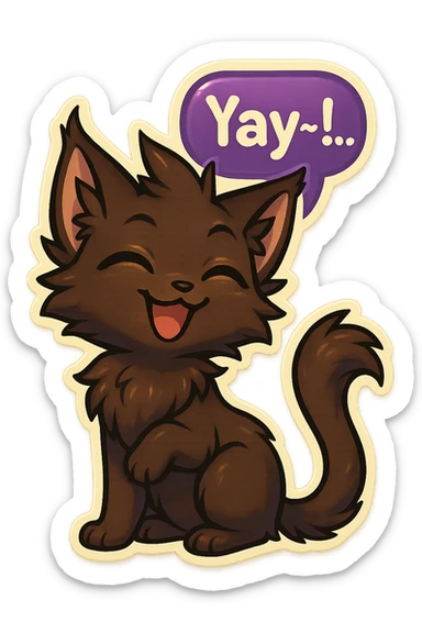 a dark-brown fluffy cute kawaii anthropomorphic furry anime cat-furry with tufted ears, golden eyes, and a long thin tufted tail, happy, grinning, closed eyes, pleased expression, saying “Yay~!..” with a purple speech bubble, (cartoon style) (cute anime style) (furry style) (deviantArt style) (artist style: Kamirah) sticker