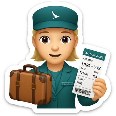 A person holding a suitcase and a plane ticket, requesting for travel duty flight, colorful and vibrant, wearing a Cathay Pacific uniform, in the style of iOS emoji sticker