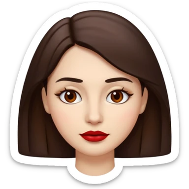 A woman emoji with fair skin, slightly wavy dark brown hair parted in the middle, an oval-shaped face, arched dark eyebrows, almond-shaped brown eyes, a small straight nose, and full lips with deep red lipstick. sticker