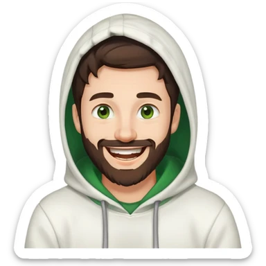 laughing guy with white hoodie, green eyes, dark brown hair and a short full beard sticker