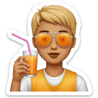 Sun is wearing sunglasses and drinking juice with stra sticker