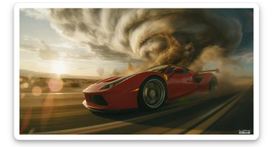 Cinematic still of a ferrari f40 around tornado od arizona desert, sun flare, big earth in background, captured by gopro hero with effect fisheye sticker