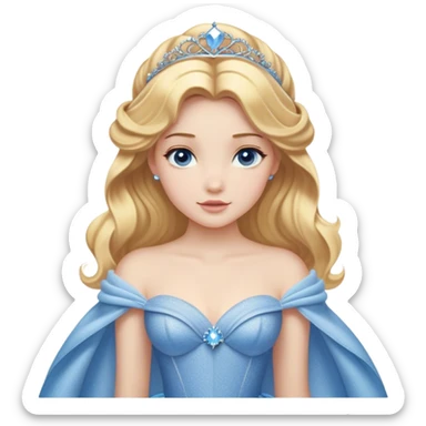Cinematic Realistic Cute Cinderella Portrait, featuring fair, luminous skin with finely detailed texture and softly lit golden-blonde hair cascading in gentle waves. Her warm, inviting blue eyes sparkle with youthful charm and curiosity, while her classic, elegantly draped ball gown reveals meticulously rendered fabric details and natural folds. The overall composition is bathed in a gentle, realistic radiance that exudes both playfulness and heartfelt beauty. sticker