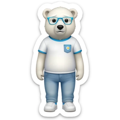 friendly anthropomorphised polar bear standing upright, looking chilled and unbothered, wearing a shirt, jeans, trainers, colorful glasses sticker