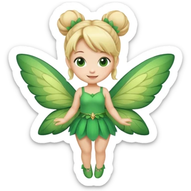 fairy with bun blonde hair, green wings, happy, chibi full body sticker