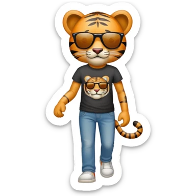 anthropomorphised tiger in a band t-shirt and jeans wearing sunglasses walking upright sticker
