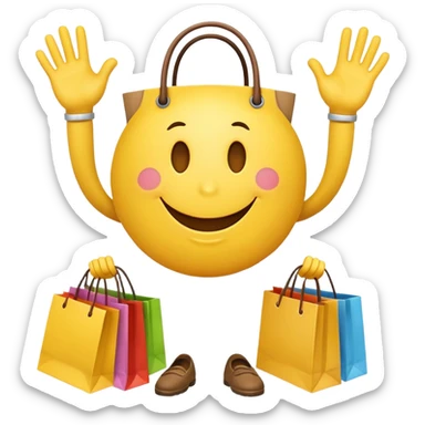 HAPPY SMILEY FACE WITH HANDS AND FEET EMOJI WITH SHOPPING BAGS IN EACH HAND sticker