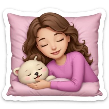 girl with wavy long brown hair, brown eyes, light to medium complexion, long lashes, light pink lipstick, smiling, wearing light pink shirt, sleeping on a cozy pillow sticker