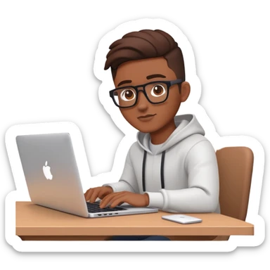 a male designer in brown skin tone workin on mac book with a background have figma,framer,spline 3d logo on background  sticker