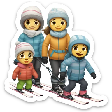 Baby skiing with its family of four, and a grey striped cat sticker